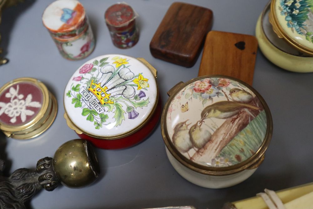 Miscellaneous items including pine frame, mini easel, two brass frames, eight silver plated fish knives and forks, nine small boxes, ea